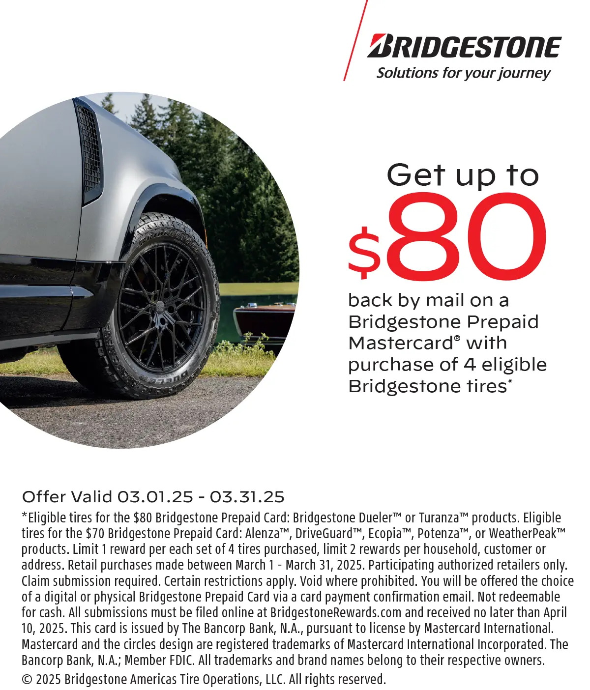 Coupon for $80 back with purchase of Bridgestone tires